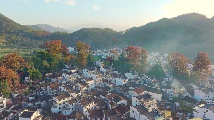 航拍秋天婺源石城红枫叶景区日出日落