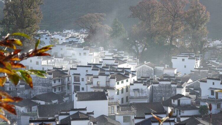 航拍秋天婺源石城红枫叶景区日出日落