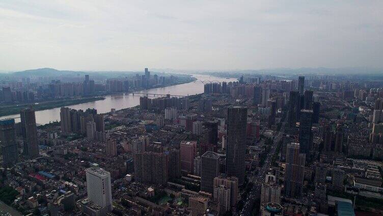 航拍长沙湘江开福区城市高楼全景