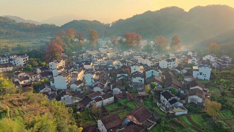 航拍秋天婺源石城红枫叶景区日出日落