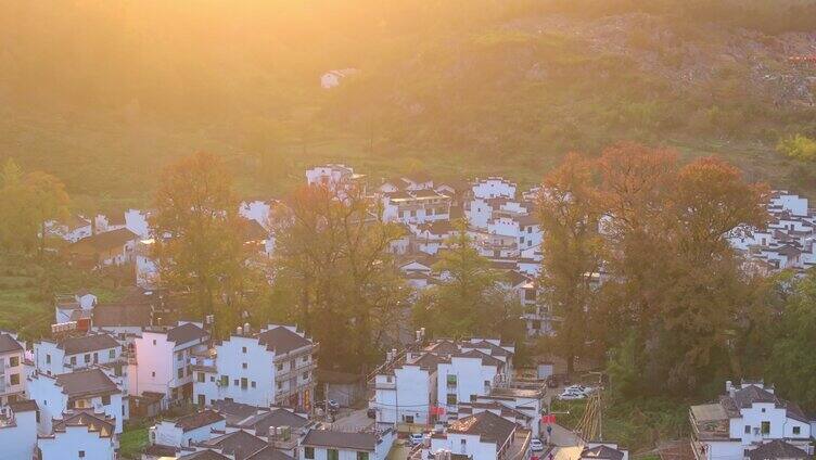 航拍秋天婺源石城红枫叶景区日出日落