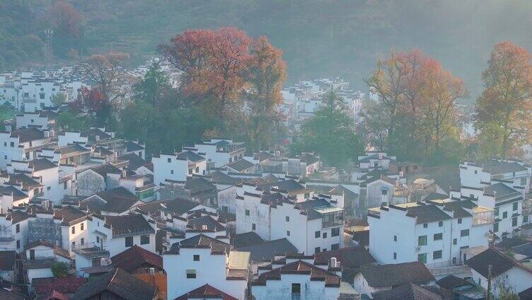 航拍秋天婺源石城红枫叶景区日出日落