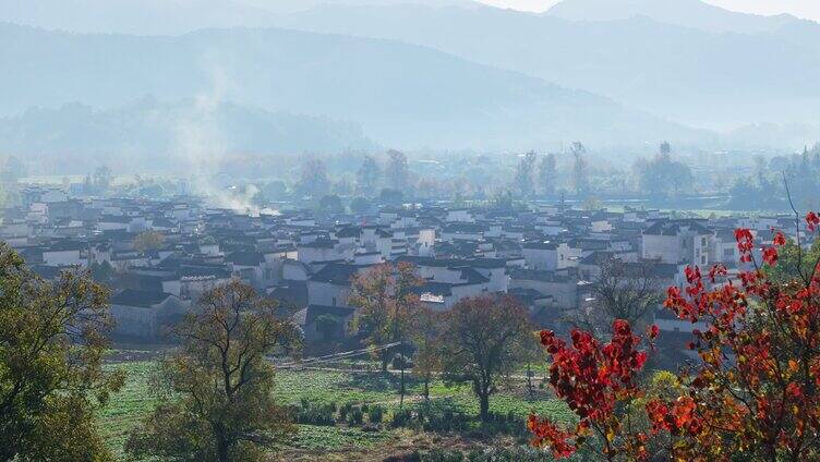 安徽皖南黟县村庄早晨秋色晨雾云海仙境