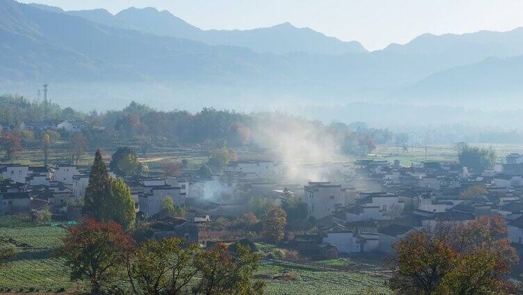 安徽皖南黟县村庄早晨秋色晨雾云海仙境