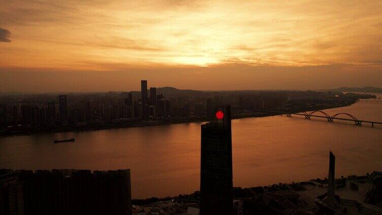 长沙湘江新区城市夕阳航拍