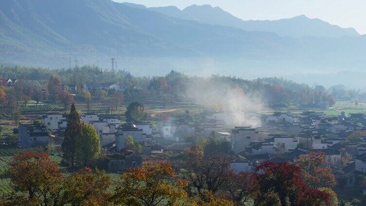 安徽皖南黟县村庄早晨秋色晨雾云海仙境