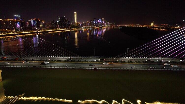 湘江大桥夜景桥上车辆行驶航拍