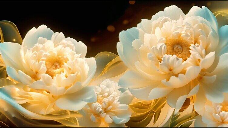 金色和白色的梦幻国风牡丹抽象花朵丝绸背景