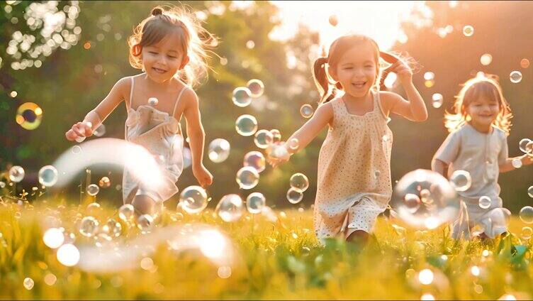 草地泡泡和玩耍的小孩子童年