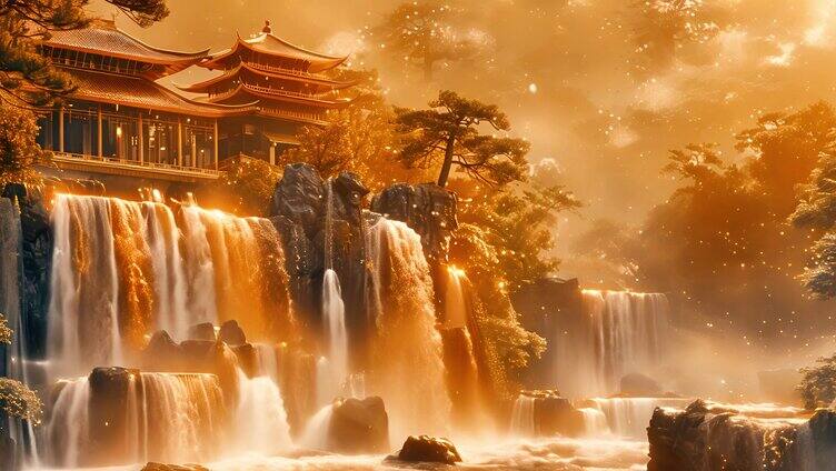 国风鎏金金属质感黄金山水带有瀑布的场景