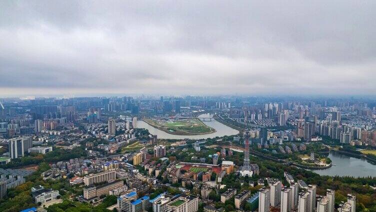 长沙湾曲浏阳河城市全景航拍延时