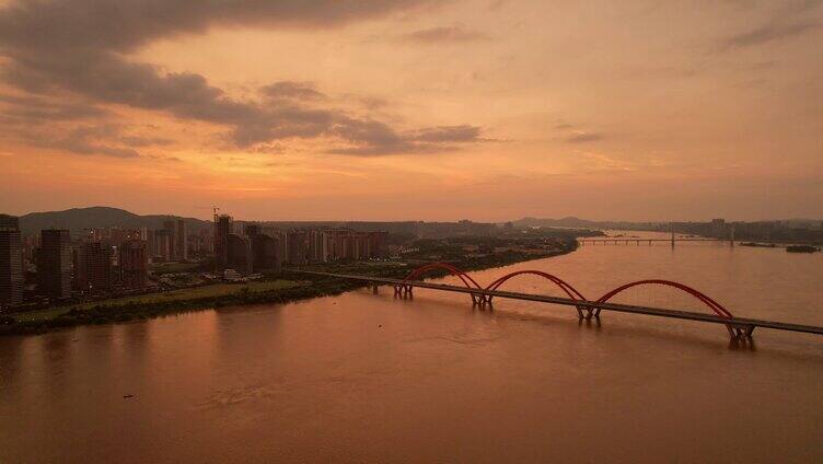 唯美湘江夕阳城市福元路大桥航拍