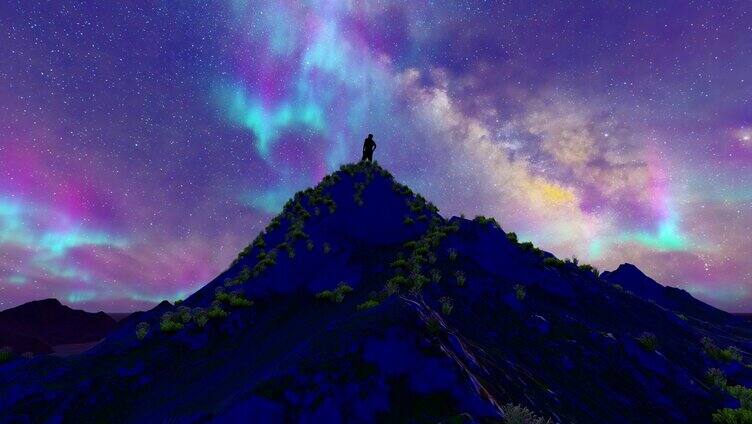 站在山顶仰望星空的人背影