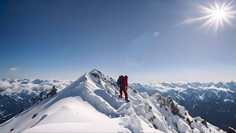 滑雪登山队站在雪山山顶