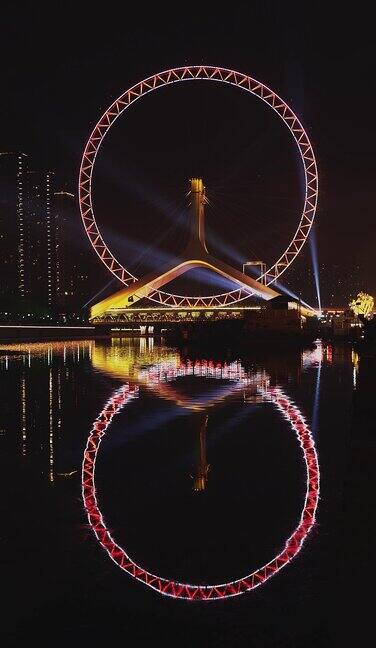 天津之眼夜景烟花著名旅游景点摩天轮永乐桥