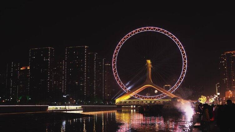 天津之眼夜景烟花著名旅游景点摩天轮永乐桥