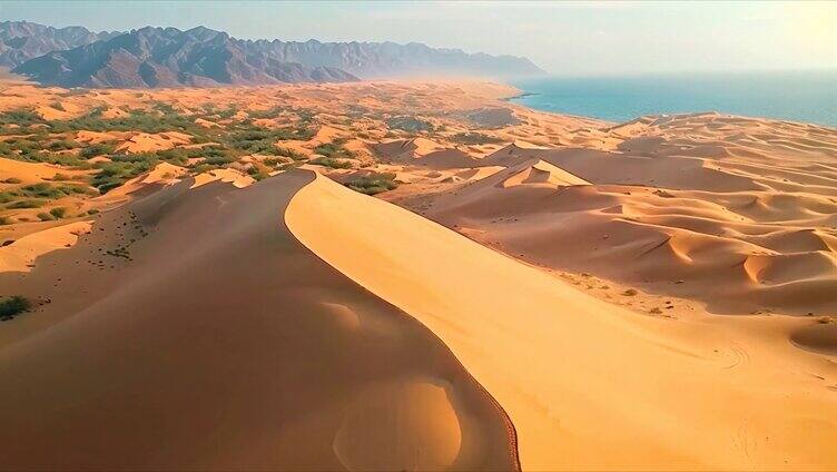 沙漠沙丘日出余晖航拍荒漠化戈壁
