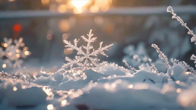 冬天雪花雪景下雪天冰晶雪花特写空镜头唯美