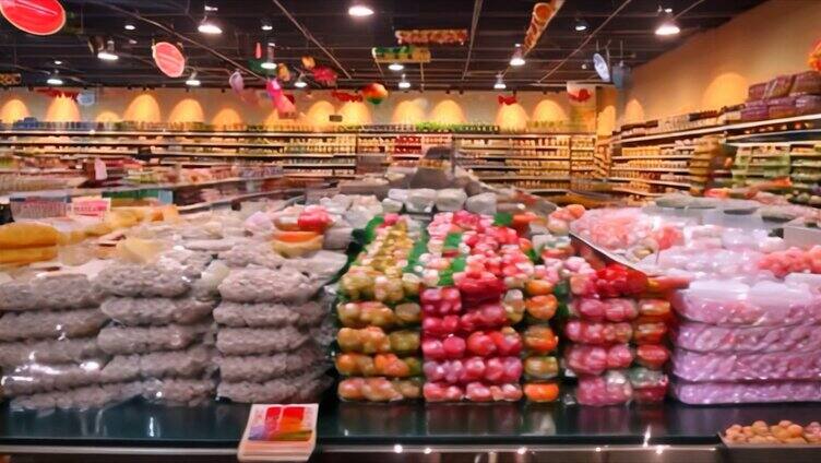 超市货架摆放的购物商品食品水果蔬菜