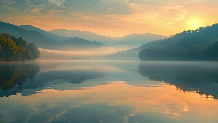 清晨的雾气湖面充满仙气