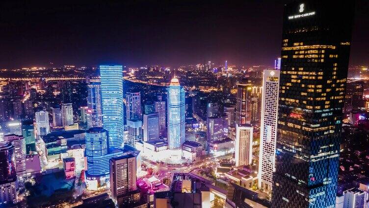 4K航拍南京新街口金融中心夜景延时摄影