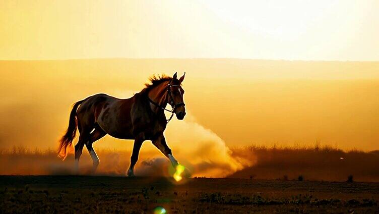 骏马奔跑 夕阳下马群在草原上奔跑