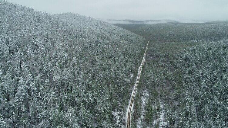 航拍大兴安岭春季森林降雪山路