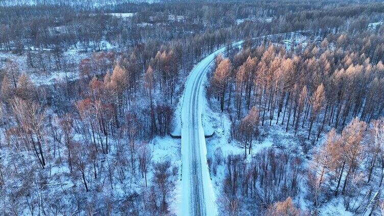 夕阳洒在林海雪原公路上