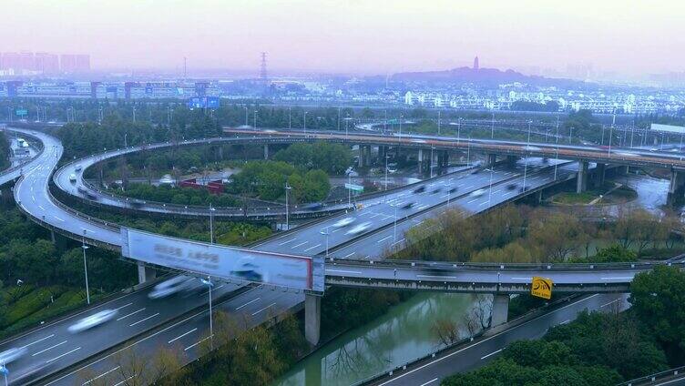 高清航拍延时摄影烟雨苏州新庄立交桥