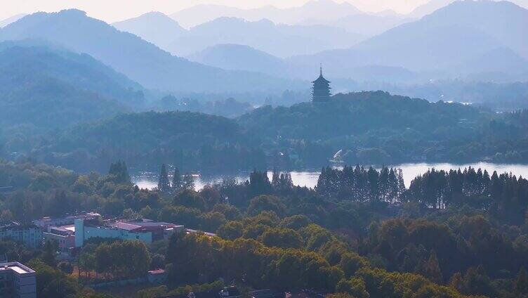 西湖雷峰塔景区大自然风光群山航拍杭州风景