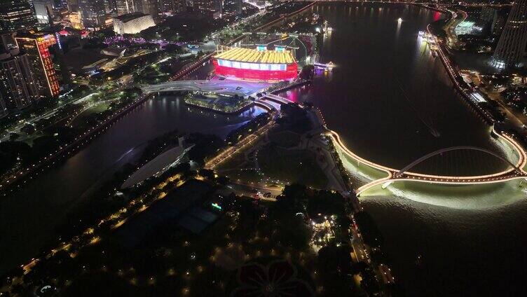 广州海心沙夜景航拍广州大桥天河体育中心夜