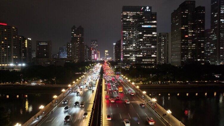 广州大桥夜景航拍车流交通广州大道夜晚车水