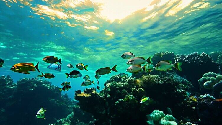 海底世界水下鱼群海龟珊瑚唯美海景