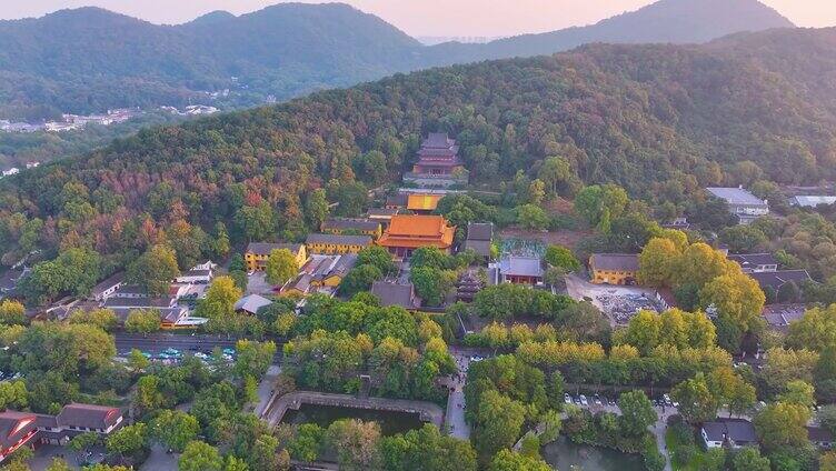 杭州西湖区净慈禅寺航拍唯美大自然风光群山