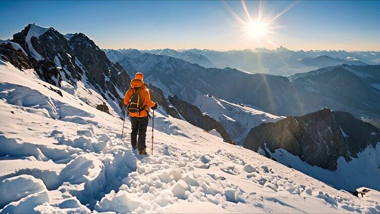 登山队员远眺雪山