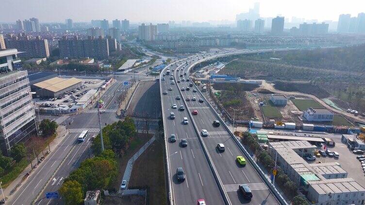 上海卢浦大桥航拍南北高架路浦东新区车流城