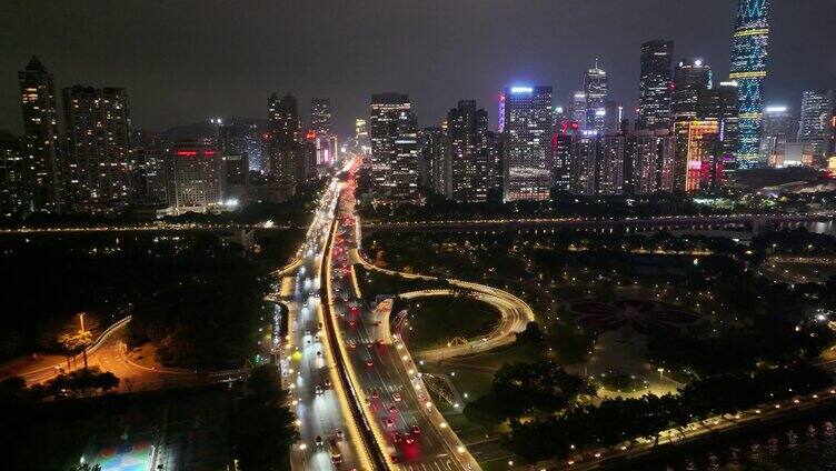 广州大桥海心桥夜景航拍车流交通广州大道夜