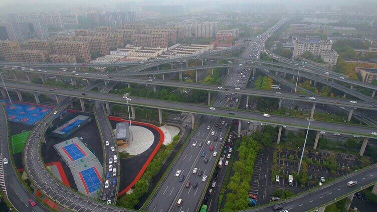 杭州上城区石德立交桥高架桥车流风景航拍