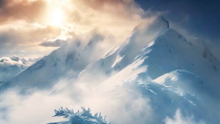 日出雪山山峰山脉云海唯美雪景风景风光ai