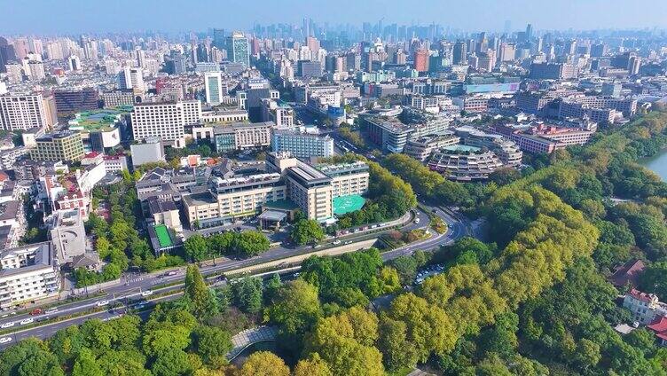 浙江杭州西湖景区环城西路城市风景航拍风光