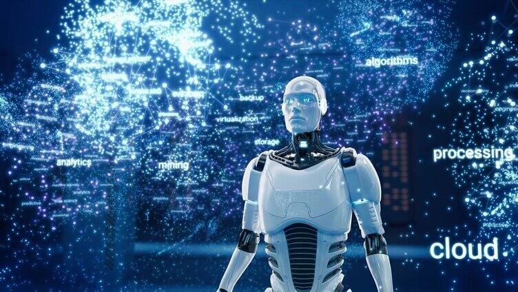 研究深度机器学习的人工智能机器人。未来仿人虚拟生成AI助手使用云计算服务解决方案和神经大数据与信息协同工作