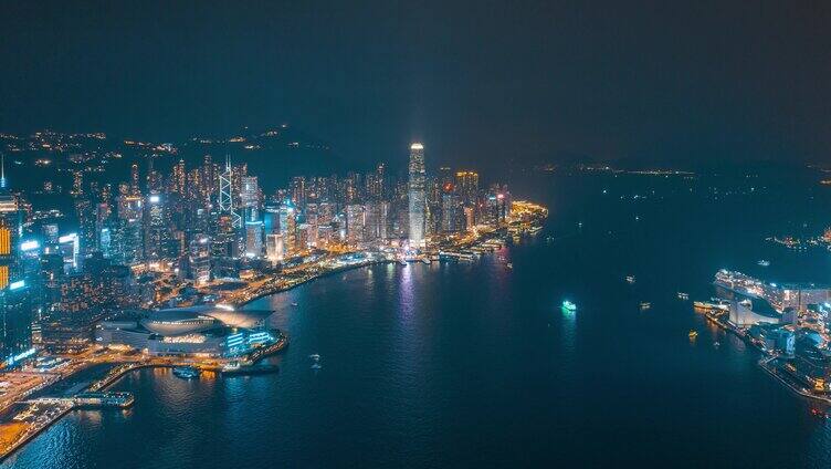 香港维多利亚港夜景航拍夜景环绕延时