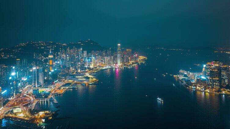 香港维多利亚港夜景航拍夜景环绕延时