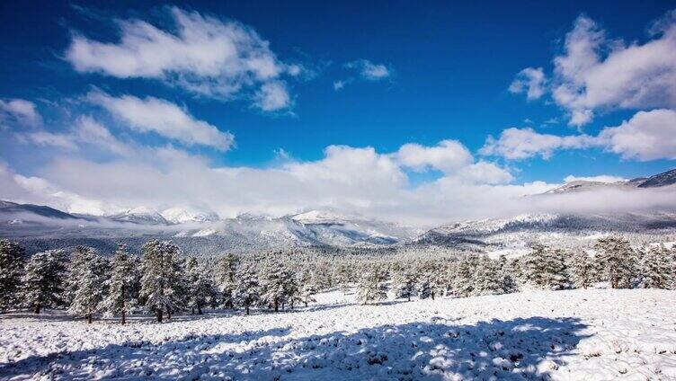 时间流逝-冬天科罗拉多州落基山国家公园的雪域山谷