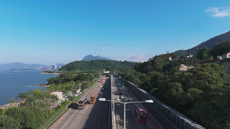 香港大埔区吐露港公路城市高架桥早晨交通情况