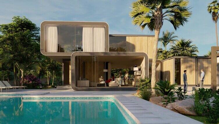 豪华模块化住宅，配有游泳池和花园
