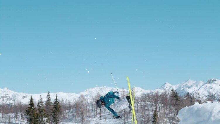 滑雪运动员做空中运动特写