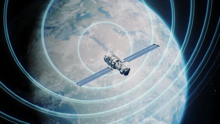 轨道卫星向地球发送信号的三维抽象动画