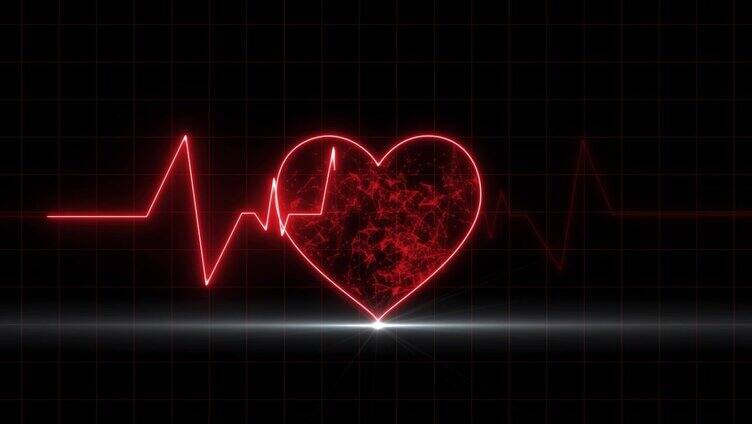 心脏跳动加上移动动画医学背景，发光的霓虹灯心脏脉冲移动，心电图医学心脏跳动在黑色背景。心跳移动速率心电图Bg循环动画