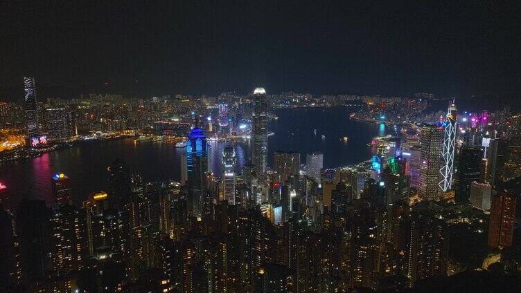 下降香港CBD城市夜景航拍视频